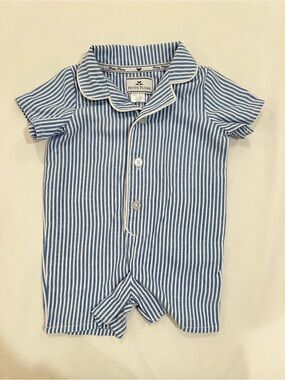 Petite Plume Blue & White Striped Romper with Contrast Piping